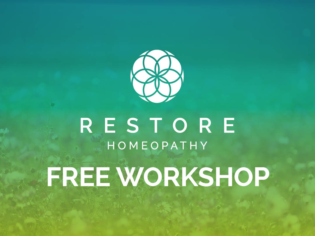 A field of flowers with a blue-green gradient overlay and the Restore Homeopathy logo and title Free Homeopathy Workshop